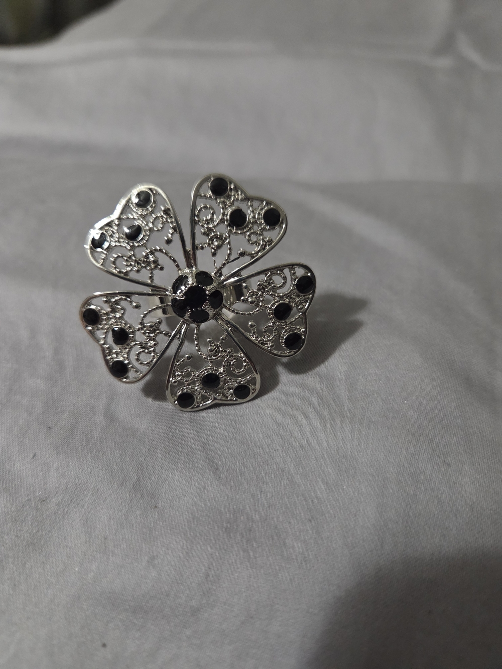 Silver Flower Statement Ring with Black Accents